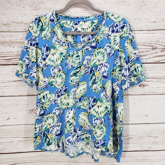 Chico's Women's Shell Print Seamed Slub Tee Size 2 - Picture 1 of 11